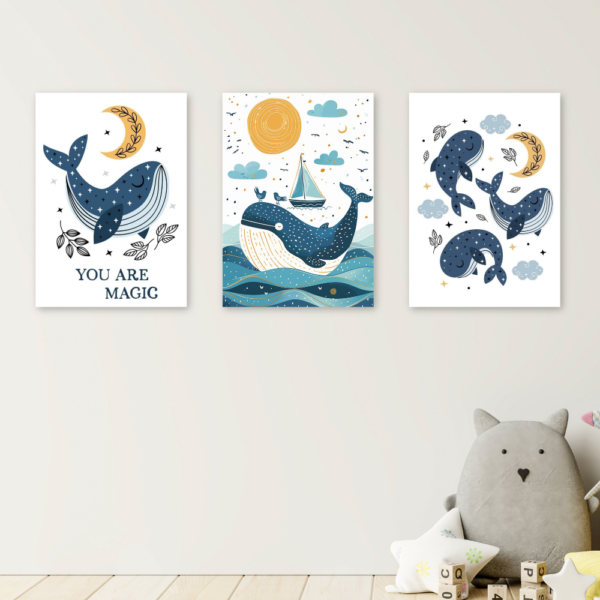 Kit 3 Quadros Infantil Baleia Fundo Do Mar A4 MDF