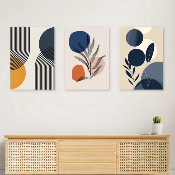 Kit 3 Quadros Abstrato Moderno Azul E Bege A4 MDF
