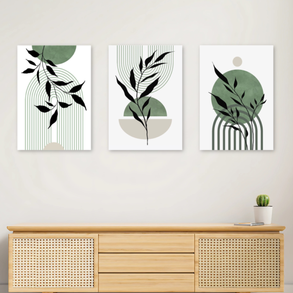 Kit 3 Quadros Boho Folhas Verdes Arcos A4 MDF