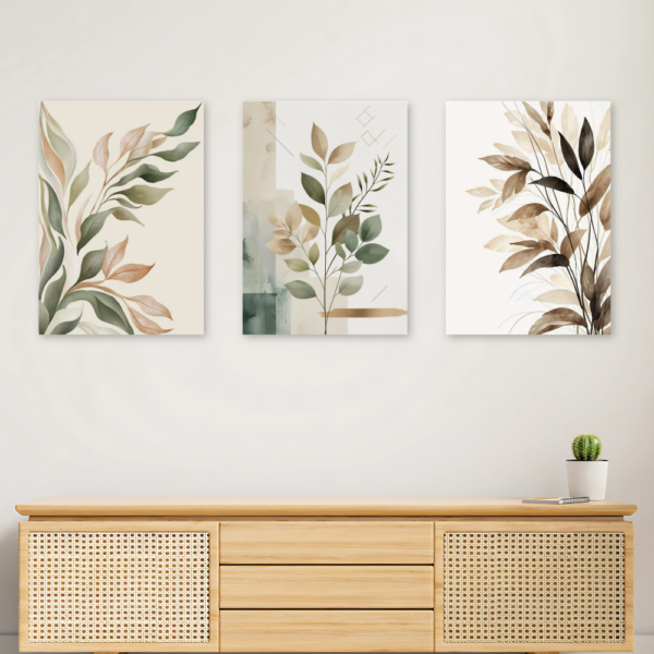 Kit 3 Quadros Abstrato Folhas Tons Pastéis A4 MDF