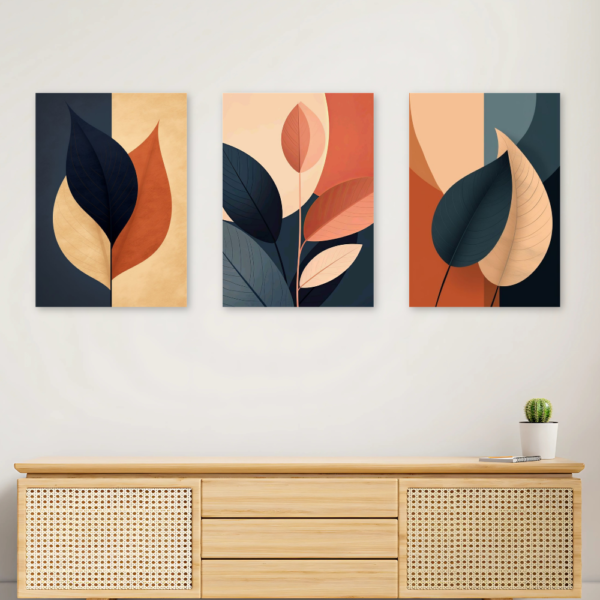Kit 3 Quadros Abstrato Folhas Azul Laranja A4 MDF