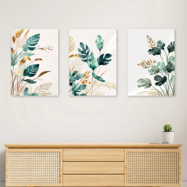 Kit 3 Quadros Folhagem Verde Dourada Luxo A4 MDF
