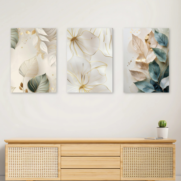 Kit 3 Quadros Sala Flores Douradas Luxo 3D A4 MDF