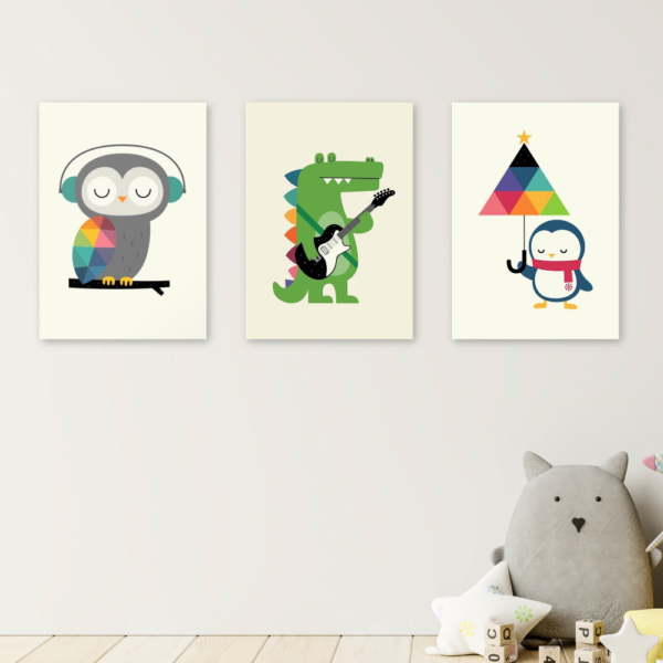 Kit 3 Quadros Infantil Animais Coloridos A4 MDF