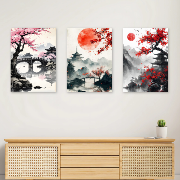 Kit 3 Quadros Paisagem Japonesa Sol Vermelho A4 MDF