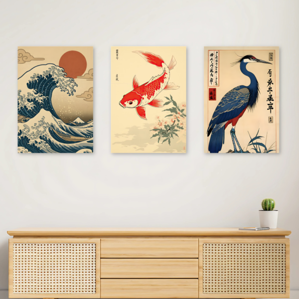 Kit 3 Quadros Oriental Onda Carpa Japão Retrô A4 MDF