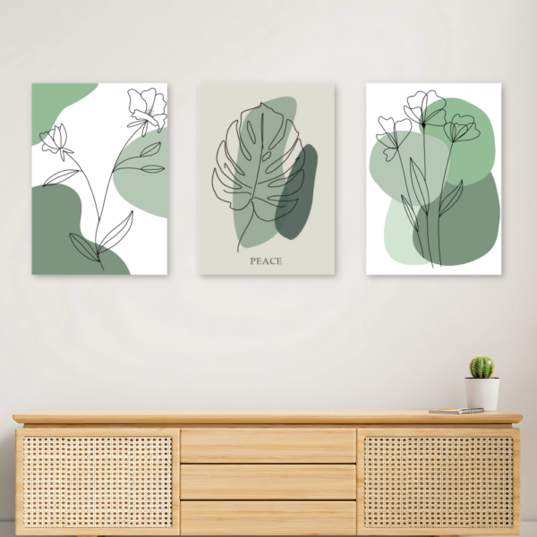 Kit 3 Quadros Boho Folhagem Traço Verde A4 MDF