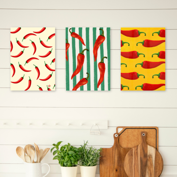 Kit 3 Quadros Cozinha Pimentas Vermelhas A4 MDF