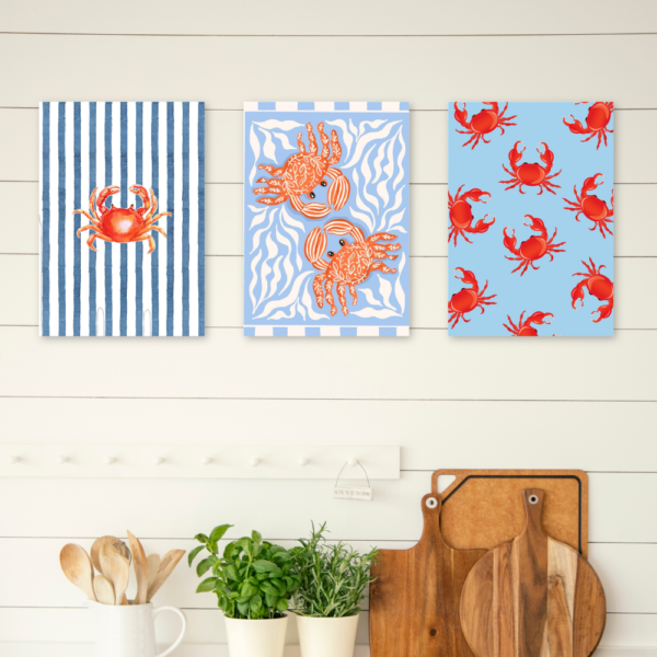 Kit 3 Quadros Cozinha Caranguejo Fundo Azul A4 MDF