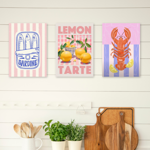 Kit 3 Quadros Cozinha Retrô Frutos Do Mar A4 MDF