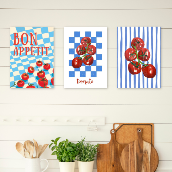 Kit 3 Quadros Cozinha Retrô Tomate Azul A4 MDF