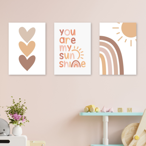 Kit 3 Quadros Infantil Boho Sol Arco-Íris A4 MDF