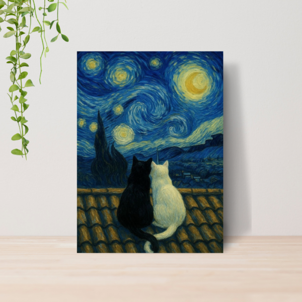 Quadro Van Gogh Noite Estrelada 2 Gatinhos A4 MDF