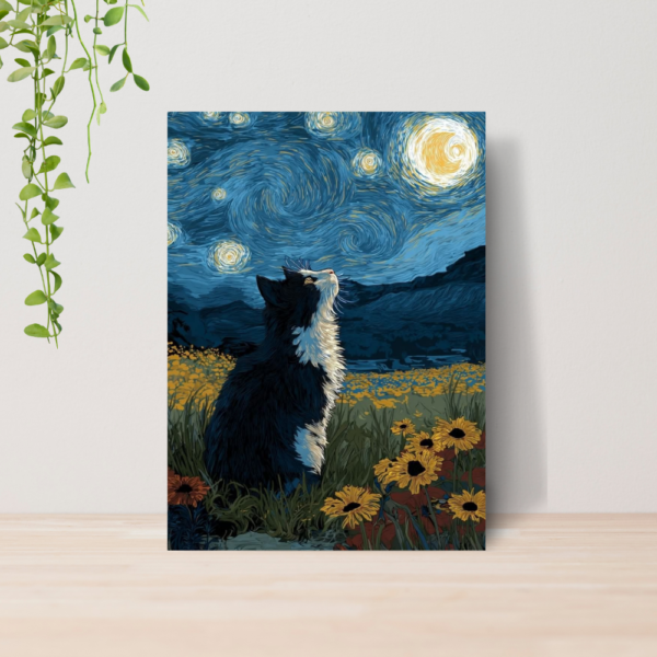 Quadro Van Gogh Noite Estrelada Gato Flores A4 MDF