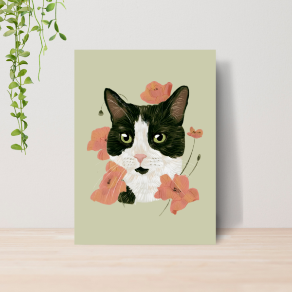 Quadro Decorativo Gato Pet Arte Floral Vintage A4 MDF 08